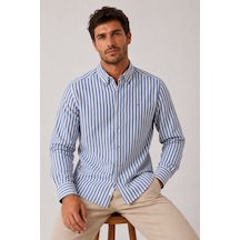 Slim Fit Uzun Kol Çizgili Yaka Düğmeli Keten Likra Hediye Kutulu Erkek Gömlek Fs-004580 - Saks Mavi-3332