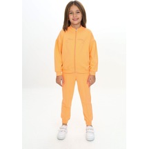 Toontoy Kids Toontoy Kız Çocuk 2'li Takım Nakış Baskılı Dik Yaka Fermuarlı Sweatshirt & Beli Paçası Ribanalı Cepli Jogger Eşofman Altı - Nervürlü & 2 İplik Turuncu