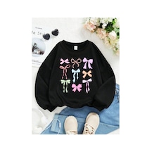 Herkesemoda Renkli Kurdeleler Baskılı Siyah 2 İplik Şardonlu Bisiklet Yaka Sweatshirt Siyah