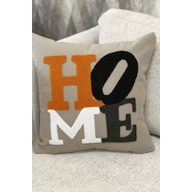 Dekoratif Kırlent Kılıfı Home Yazılı Punch Dokulu Modern Salon Koltuk Bej Bej