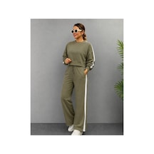 Butik İstanbul Kadın Uzun Kollu Bisiklet Yakalı Kısa Viskon Ikı Iplik Bluz Ve Pantolon Ikili Takım Haki