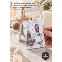 1 Adet El Aynası Taşlı İstanbul Tasarımı İnce Cep Aynası 8,5x6 Cm, Hand Mirror, Compact Mirror Sarı
