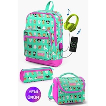 Su Yeşili Neon Pembe Köpek Desenli Coral High Kids Usb'li 3 Lü Okul Çanta Seti Goset0123266