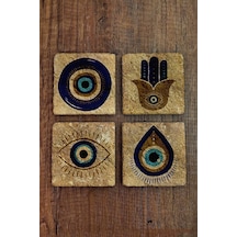 Doğal Taş Bardak Altlığı 10x10x1 Cm Nazar Boncuğu Desenli - Stone Coasters Çok Renkli