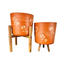 Bitki Tasarımı Ev Dekorasyon Aksesuar Kaktüs Desenli Toprak Saksı Saksılık Salon Çiçeklik İkili Set 3 Ayaklı- 4 Ayaklı- 19 Cm