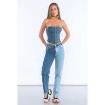 Mavi Yüksek Bel Çift Renk Detaylı Mom Jeans-mavi Mavi
