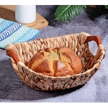 Kosova Wicker Serisi Bezli Oval Ahşap Kulplu Hasır Ekmek Sepeti Açık Gri