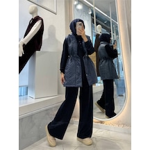 Esra Butik78 Kapitone Şişme Yelekli Tesettür 3 Lü Takım Spor Şık Modern Kombin Yelek + Sweatshirt + Pantolon Lacivert