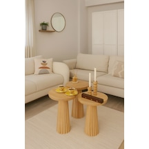 Wooden Ahşap 3 Lü Set Mantar Yan Sehpa Fiskos / Çiçeklik / Zigon Sehpa Vernikli / Coffee Table Ahşap