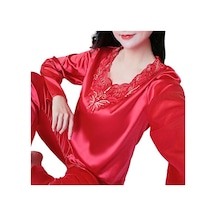 Kırmızı 2 Adet/takım Rahat Bahar Gecelik Seti V Yaka Uyku Dantel Artı Boyutu Kadın Gecelik Yatak Odası İçin Set Kırmızı