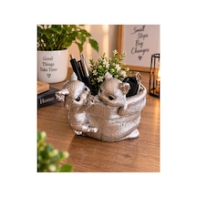 Dekoratif Sevimli Kedi Figürlü Çok Amaçlı Organizer Takı, Toka Ve Anahtarlık Kabı 15x13 Cm Gümüş