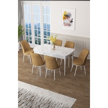 Canisa Zen Serisi 80x132 Mdf Açılabilir Beyaz Mermer Desen Masa Takımı Ve 6 Cappucino Sandalye Masa Beyaz Mermer Desenli Sandalyeler Cappucıno