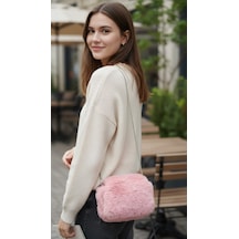 Nova Design Pembe Renkli Gümüş Zincirli Peluş Gizli Burslu Kadın Çantası