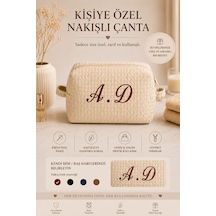 Krem Kişiye Özel Harf Nakışlı Pamuklu Hediyelik Kadın Makyaj Kozmetik Ve Seyahat Çantası Krem - 901285642