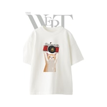 Thewert Kedi Kamera Tasarım Baskılı Ünisex Beyaz Oversize T-shirt