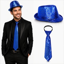 Mavi - 961 - Payetli Şapka Ve Kravat Seti Işıltılı - Novapazr - Parti Kombini