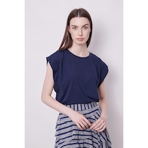 Jument Şık Likralı Span Kumaş Kolsuz Geniş Sıfır Yaka Düşük Omuzlu Basic Tshirt Bluz-lacivert Lacivert