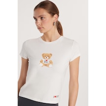 Tudors Kadın Modal Kumaş Slim Fit Dar Kesim Kısa Kollu Baskılı Ekru Tişört-33322 Ekru