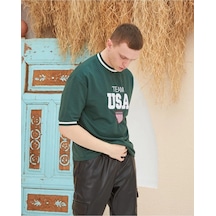 Barlashive Erkek Bisiklet Yaka Tişört Nakış İşlemeli Kısa Kol Oversize T-shirt - Yeşil Çok Renkli