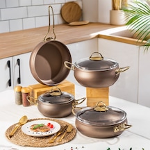 Lines L-5094-2 Yonca Güveç 7 Parça Tencere Seti Bakır Altın Kulp