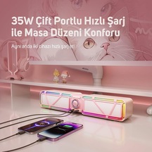 D-base 30w Masaüstü Bluetooth Gaming Hoparlör, Rgb Işıklı, Çift Portlu 35w Hızlı Şarj, Usb/aux/bluetooth6.0 Pembe