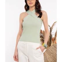 Aqe Fashion Kadın Fitilli Omzu Açık Triko Bluz Yeşil Fıstık Yeşili