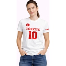 Kadın Türkiye Ay Yıldız Baskılı 10 Numara Forma Tişört Taraftar T-shirt - Beyaz