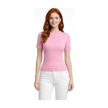 Neden Tekstil Bisiklet Yaka Fitilli Kısa Kol Triko Bluz - Pembe