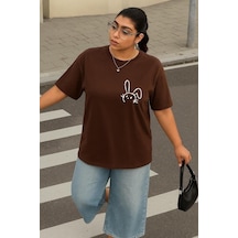 Büyük Beden Tavşan Baskılı Unisex Tişört Kahverengi