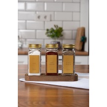 Mienda Home 3'lü Ahşap Standlı Cam Baharatlık Seti Gold Kapaklı Etiketli Baharatlık Takımı Gold - Şeffaf