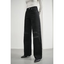 HLT Jeans Kadın Siyah Yırtıklı Wide Leg Yüksek Bel %100 Pamuk Jean Kot Pantolon Jessica-2038