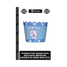 Premium Tatlı Sunumu Parti Süsü Davet Mafin Kek Kapsülü İlk Dişim Mavi 25 Li