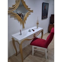 Dresuar Cnc Kabartma 90661 Model Aynalı Ahşap Sandalye Ayak Parlak Beyaz Gold Renk Beyaz  -  Gold