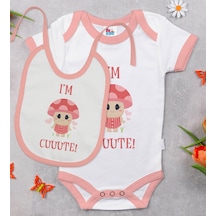 Bk Kids I'm Cute Tasarımlı Pembe Bebek Body Zıbın Ve Mama Önlüğü Hediye Seti-1 Çok Renkli