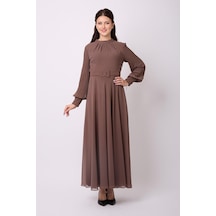 Violevin Er-cool Kadın Kolu Pileli Şifon Elbise 6838-26-kahverengi