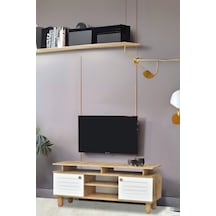 Helena Tv Sehpası Beyaz 2 Kapaklı Açık Raflı Ahşap Görünümlü Atlantik Çam 140x60x36 Cm