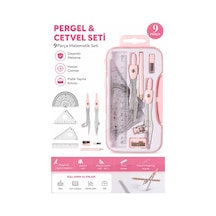 Metal Pergel Seti 9 Parça 1 Paket 9121 Profesyonel Pergel Çizim Proje Matematik Mimar Mühendis Çizim Seti Cetvel Gönye Pembe