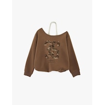 Koton Üç İplik Şardonlu Uzun Kollu Baskılı Halter Yaka Sweatshirt Kahverengi 6sal10380ık Kahve