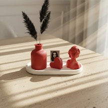 4'lü Kırmızı Dekoratif Set - 24cm Tepsi & Fotoğraf Tutucu & Vazo & Kız Premium Set