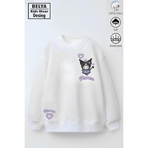 Tam Kalıp Oversize Kız Çocuk Pamuğa Pamuk 3 İplik Kumaş Karakter Kur Tasarım Sweatshirt Beyaz