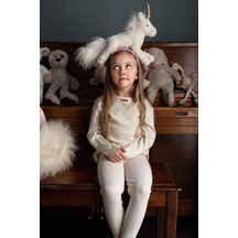 Antebies Organik Gots Sertifikalı Krem Jakar Kumaş, Gül Detaylı, Uzun Kollu Tişört, Bel Lastikli Taytlı Kız Çocuk Pijama Takımı