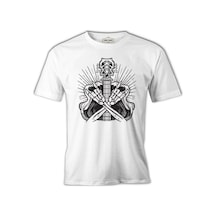 Skeleton Silhouette Making Rock Sign Beyaz Erkek Tshirt 001