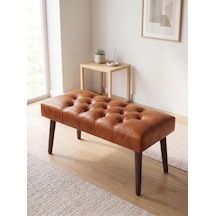 Modern Kapitoneli Taba Deri Kumaş Bench Puf Oturma Bankı Ahşap Ceviz Ayaklı Demonte 90x45