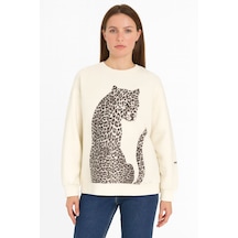 Quzu Leopar Figürlü Kolu Yazı Baskılı Sweatshirt Ekru Ekru