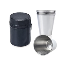 Deri Kılıflı 4 Adet 70 Ml. Çelik Shot Kahve Kamp Bardağı Df37 Acı Kahve