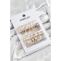 Ceylan Adam Pirinç Karışık Halka Model Gold Renk 6 Çift Kadın Küpe Set Çok Renkli