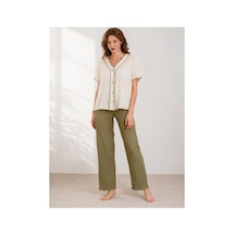 Pijamask Kadın Kısa Kollu Pamuklu Pijama Takım Haki