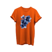 Mavi Çiçek Desenli Kadın %100 Pamuk Regular Fit Bisiklet Yaka T-shirt Turuncu