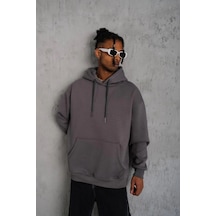 Erkek 3 İplik Pamuklu Kapüşonlu Kanguru Cepli Sweatshirt Hoodie - Gri