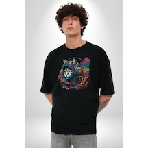 Kulaklık Kedi Müzik Tekir Pamuklu Bisiklet Yaka Unisex Oversize Boyfriend Dijital Baskılı Siyah T-shirt Siyah